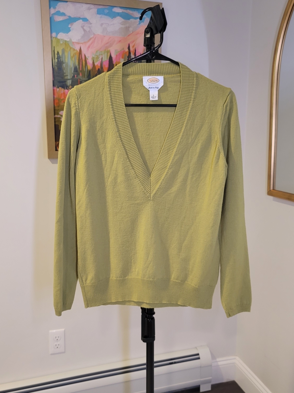 TALBOTS 100% Merino Wool V-neck Sweater Green Pullover Made in Italy Women's L
